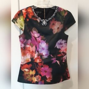 Ted Baker Cascading Floral Jeweled Peplum Top Size Small